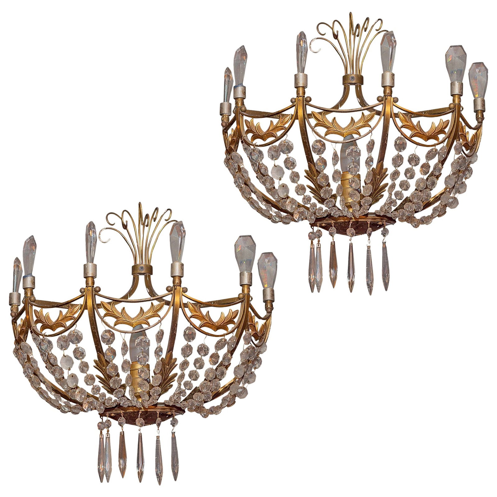 Set of 2 Baltic Style Bronze Crystal Wall Sconces 18 in: Set of 2 Baltic Style Bronze Crystal Wall Sconces 18 in Pair of antique Baltic style wall lights sconces in gilt bronze and crystal, dating to the 1920s. The set features faceted crystal spires, a can