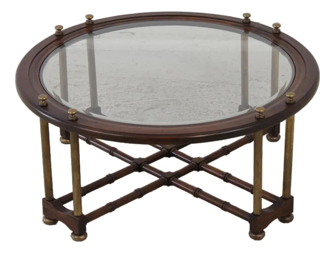 Mahogany Faux Bamboo Coffee Table With Brass Accents and Glass Top (1 of 10)