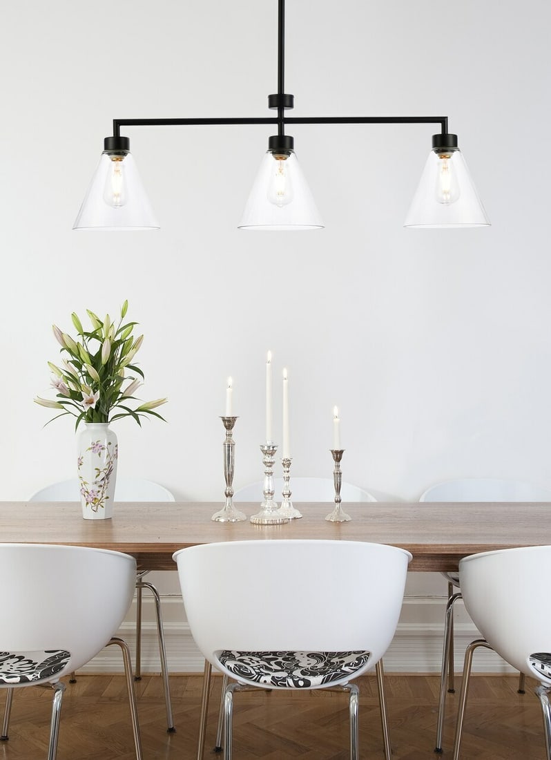 Mera 38 in 3-Light Black Glass Pendant: Mera 38 in 3-Light Black Glass Pendant Modern black pendant chandelier with a clear glass cone shade and iron/metal construction. It features 3 lights, dimmable operation, a fire-rated design, and an 