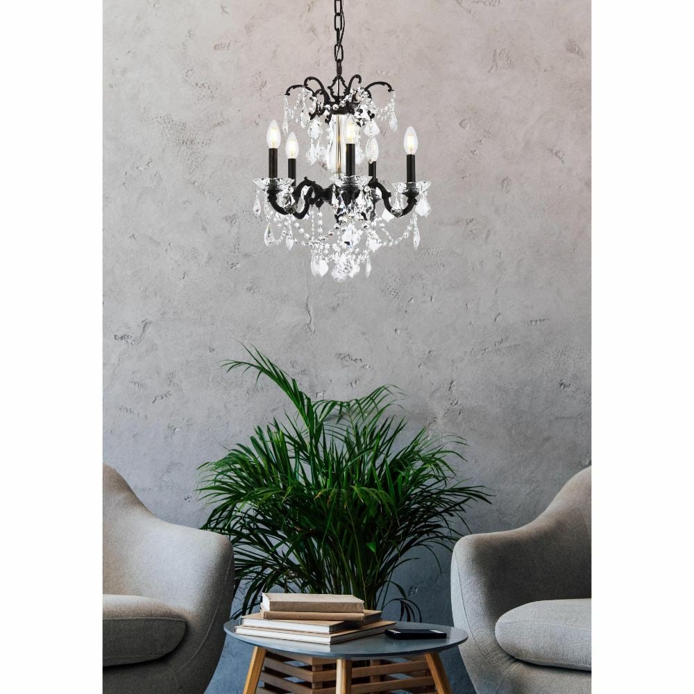 Athena 5 Light Dark Bronze Crystal Pendant Chandelier 18 Inch: Athena 5 Light Dark Bronze Crystal Pendant Chandelier 18 Inch This modern empire-style chandelier features a dark bronze finish and is adorned with high-quality royal cut crystals. Designed with five 
