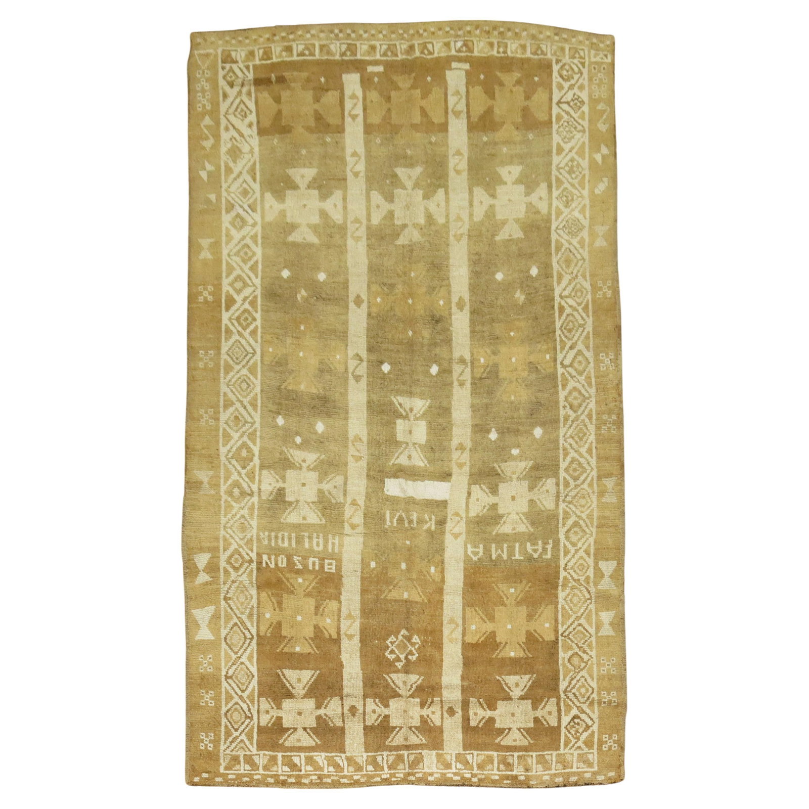 Hand Knotted Wool Turkish Oushak Dowry Rug 72 x 127: Hand Knotted Wool Turkish Oushak Dowry Rug 72 x 127 This Turkish Kars dowry rug is a hand-knotted wool piece from the 20th century, originally crafted as a wedding present. Featuring a distinctive Ous