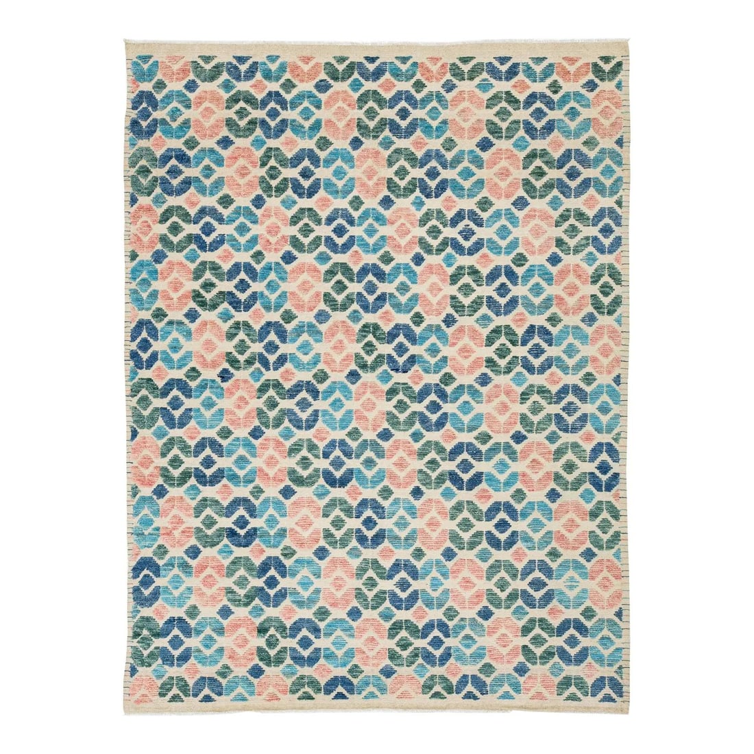 9'3" x 12'2" Wool Tulu Style Rug With Mid-Century Geometric Motif: 9'3" x 12'2" Wool Tulu Style Rug With Mid-Century Geometric Motif This modern Tulu style area rug features a vibrant, interlocking geometric pattern inspired by mid-century design and traditional Turk