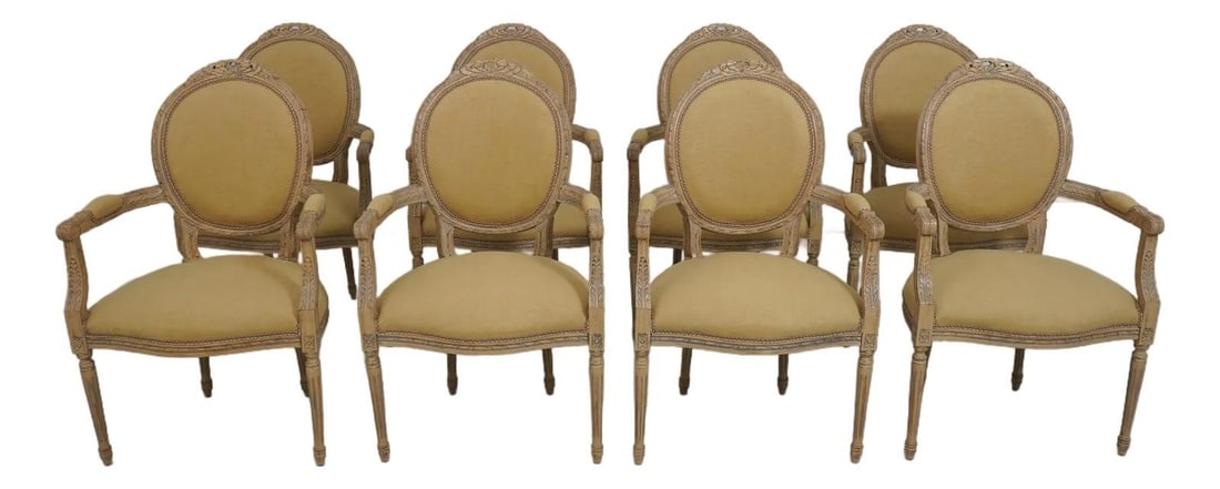 Set of 8 French Louis XVI Armchairs Ostrich Leather Upholstery: Set of 8 French Louis XVI Armchairs Ostrich Leather Upholstery This exquisite set of 8 French Louis XVI dining room armchairs showcases a classic design with a newly upholstered finish. Crafted with f