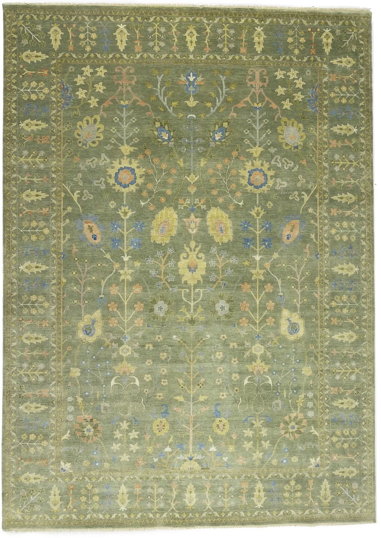 Tree of Life Hand-Knotted Wool Oushak Rug 9'11 x 13'10 Floral Design: Tree of Life Hand-Knotted Wool Oushak Rug 9'11 x 13'10 Floral Design Enhance your living space with this stunning hand-knotted Oushak Chobi rug, featuring a captivating blend of olive green, golden be