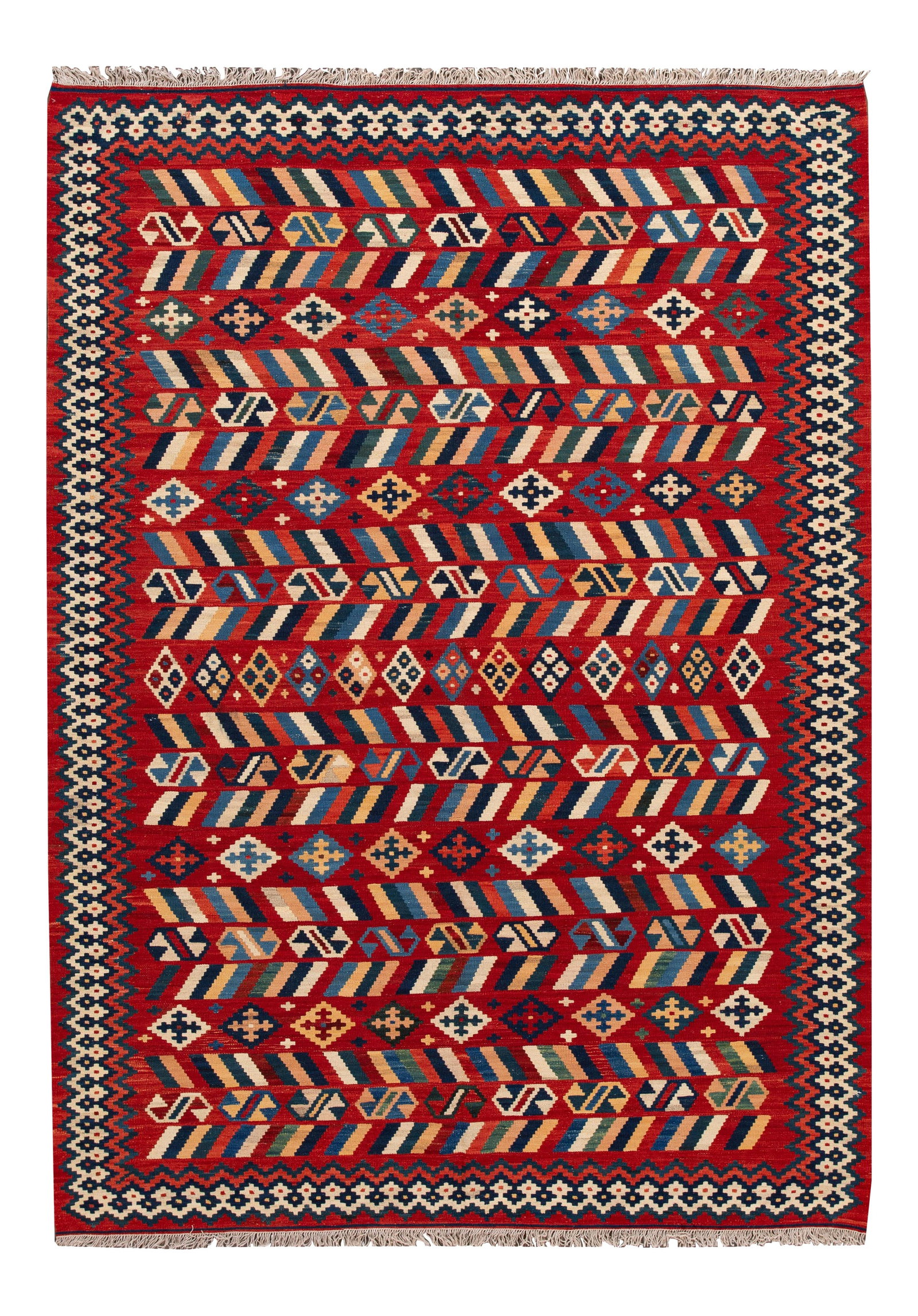Hand-Woven 21st Century Red Wool Kilim Rug 7'4" x 10' Geometric Design: Hand-Woven 21st Century Red Wool Kilim Rug 7'4" x 10' Geometric Design Enhance your living space with this stunning hand-woven modern Kilim rug, featuring a vibrant red field adorned with multi-color 