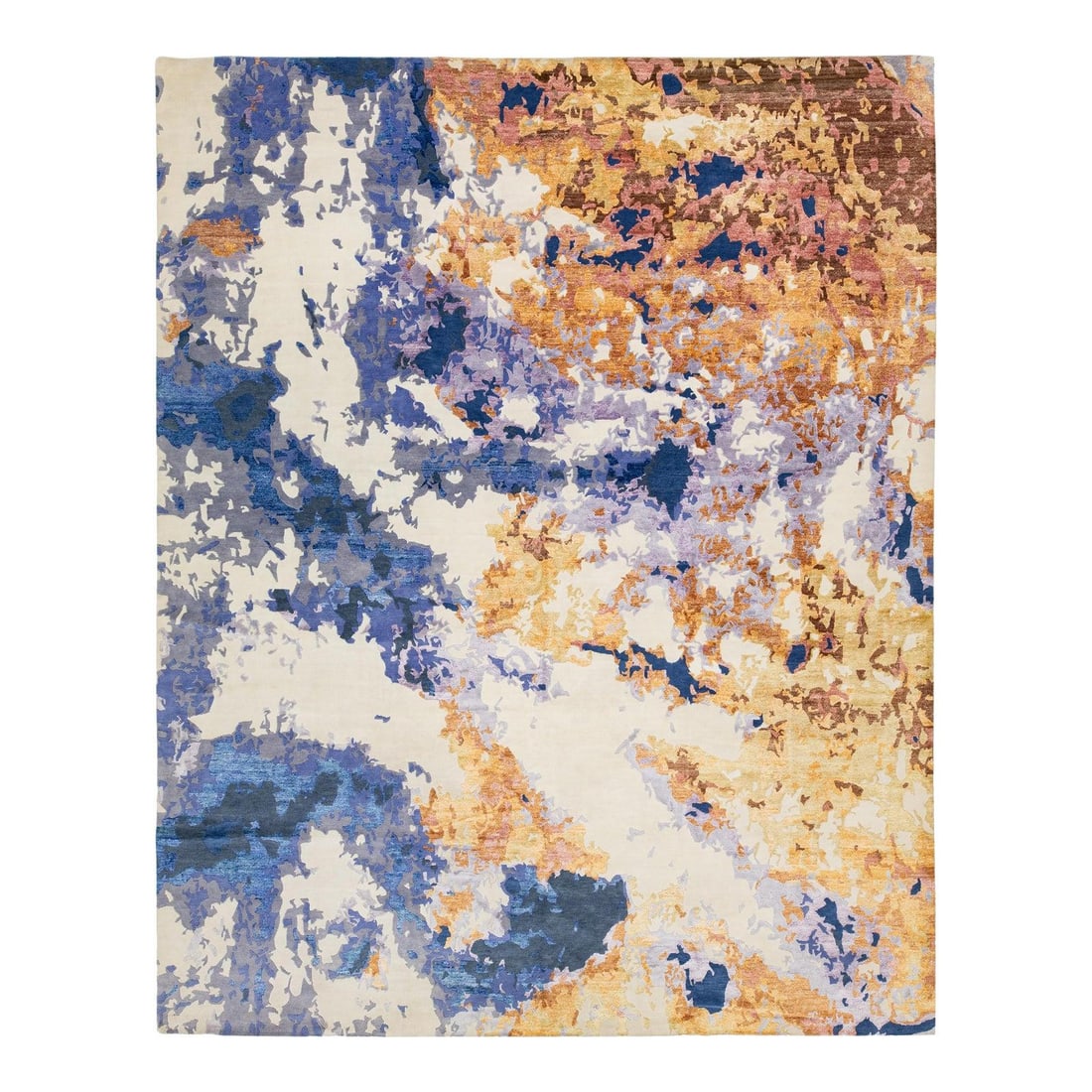 Vibrant Abstract Hand-Knotted Wool Rug 12'1" x 15'3": Vibrant Abstract Hand-Knotted Wool Rug 12'1" x 15'3" This contemporary hand-knotted rug features a striking abstract design in vibrant colors, including ivory, blue, purple, and gold, that effortlessl