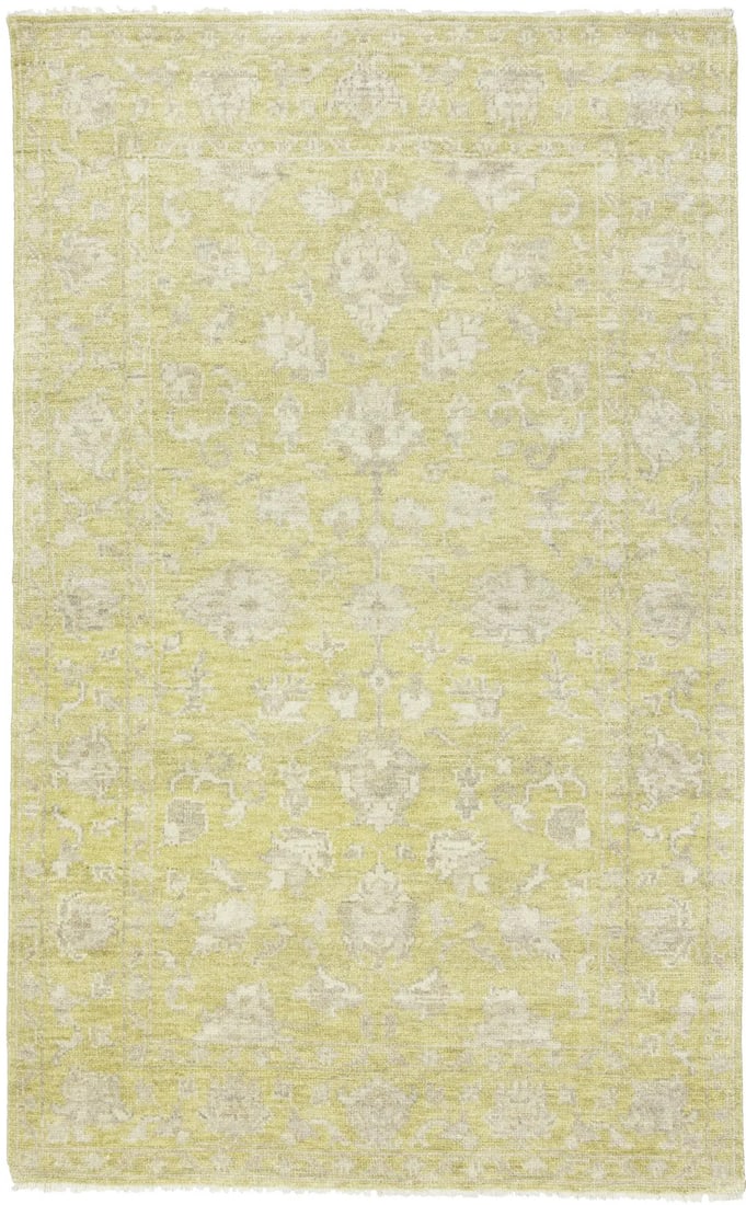 Hand-Knotted Wool Area Rug Floral Transitional 4'11 x 7'11 Modern India: Hand-Knotted Wool Area Rug Floral Transitional 4'11 x 7'11 Modern India This transitional oriental area rug features a floral design in muted tones of golden yellow, cream, and brown. Hand-knotted fro