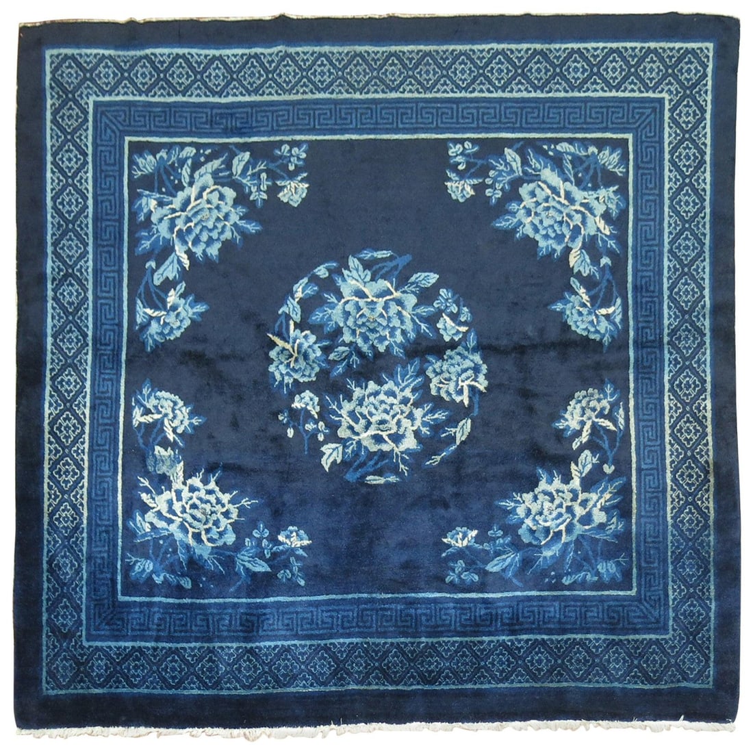 Zabihi Collection Antique Chinese Peking Rug Midnight Blue Hand-Woven 67 x 74: Zabihi Collection Antique Chinese Peking Rug Midnight Blue Hand-Woven 67 x 74 Discover the elegance of this vintage Chinese square rug, featuring a rich midnight blue hue that adds a touch of romance 