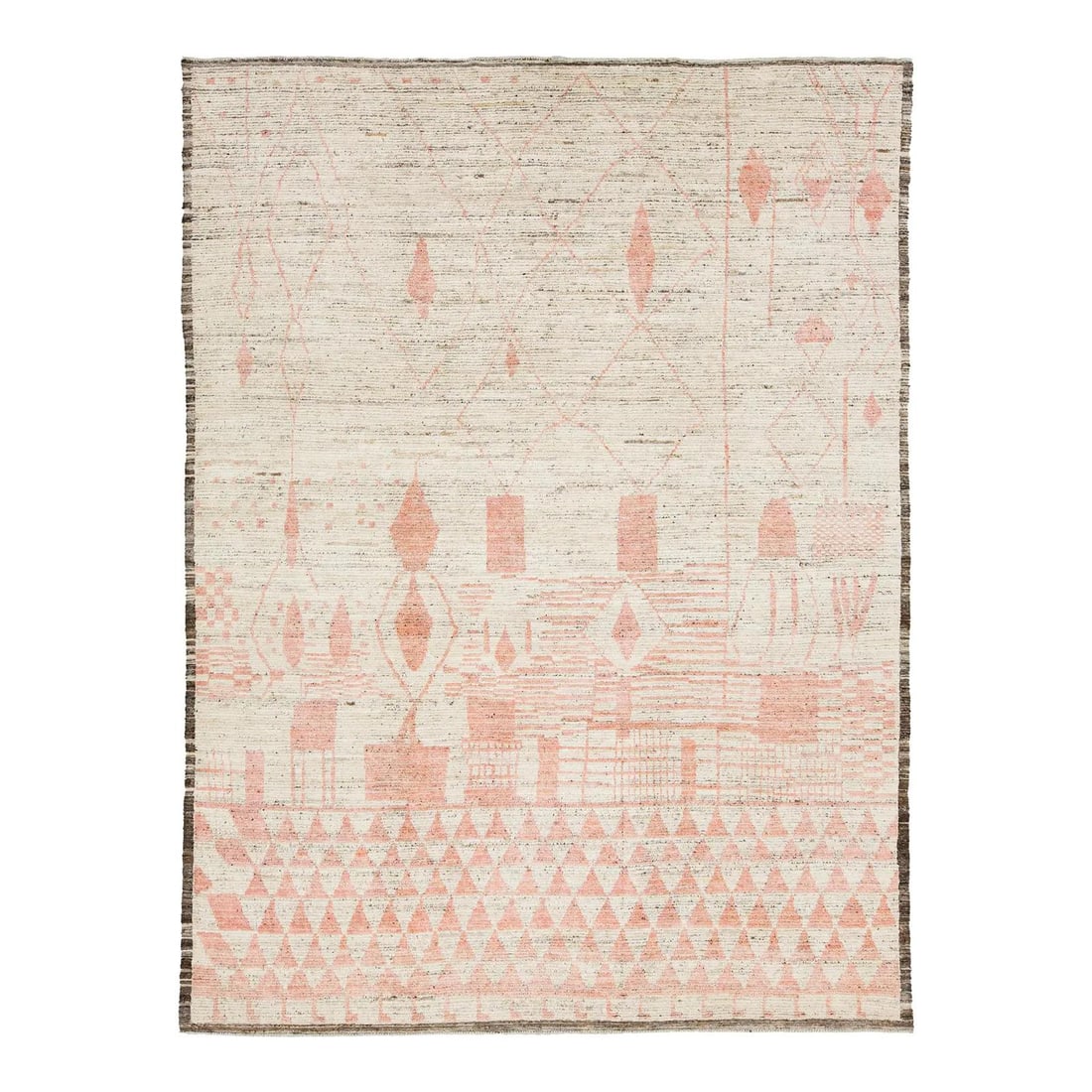 9' x 12'2" Wool Area Rug With Abstract Geometric Motifs: 9' x 12'2" Wool Area Rug With Abstract Geometric Motifs This handmade modern Moroccan-style rug features abstract geometric motifs in soft pink and red tones set against a light beige wool background.