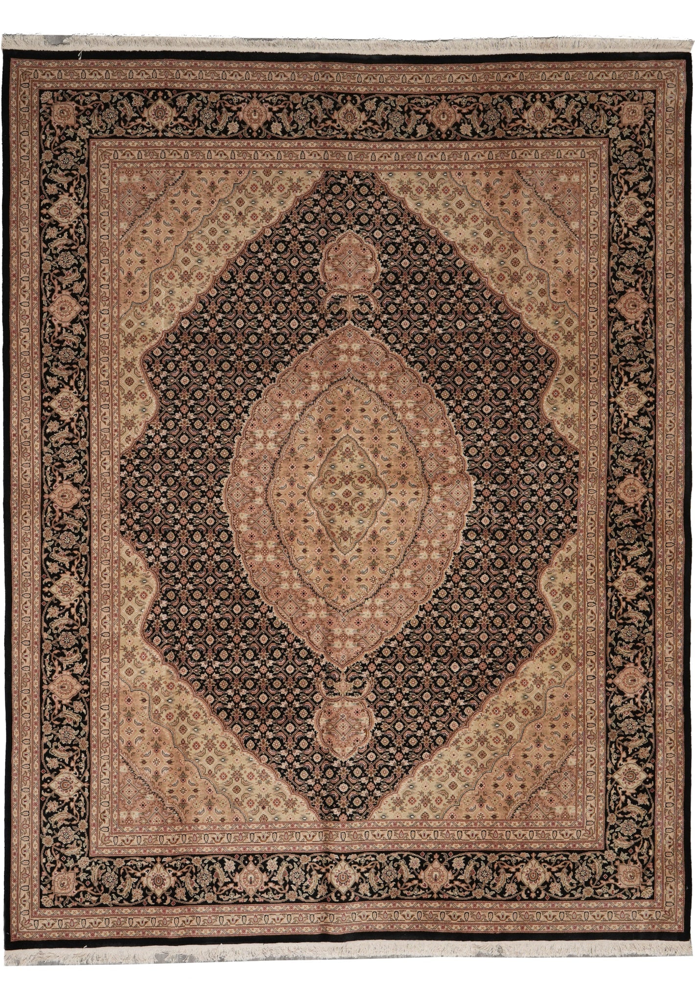 7.9 x 9.9 Handmade Wool Silk Mahi Tabriz Rug: 7.9 x 9.9 Handmade Wool Silk Mahi Tabriz Rug Free continental US Shipping Handmade Mahi Tabriz rug in a 7.9 x 9.9 size, woven from a premium blend of wool and silk. It features the traditional Herati 