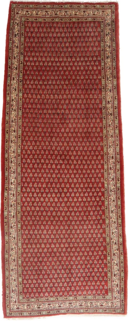 Wool Hand Knotted Tribal Floral Runner 3'6 - 3'9 x 9'9: Wool Hand Knotted Tribal Floral Runner 3'6 - 3'9 x 9'9 This handmade oriental runner rug features a tribal allover floral design in shades of rusty red, cream, blue, salmon, and purple-navy. Expertly 