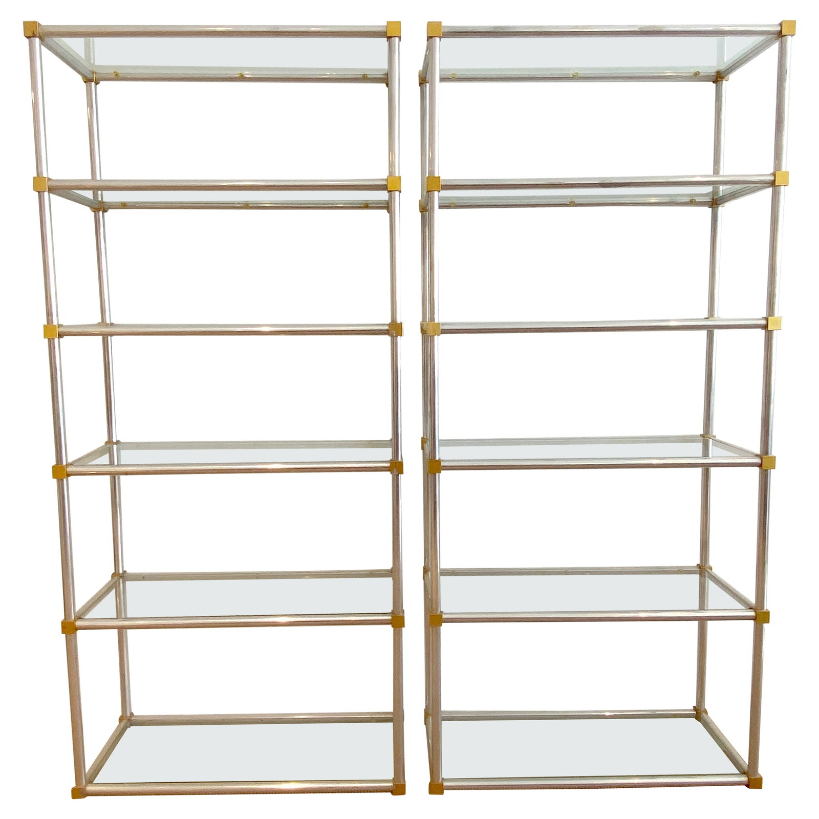 Set of 2 Italian 1970s Chrome Brass Six-Tier Geometric Display Etageres: Set of 2 Italian 1970s Chrome Brass Six-Tier Geometric Display Etageres This pair of Italian Mid Century Modern geometric etageres from the 1970s features a striking combination of chrome and brass wi