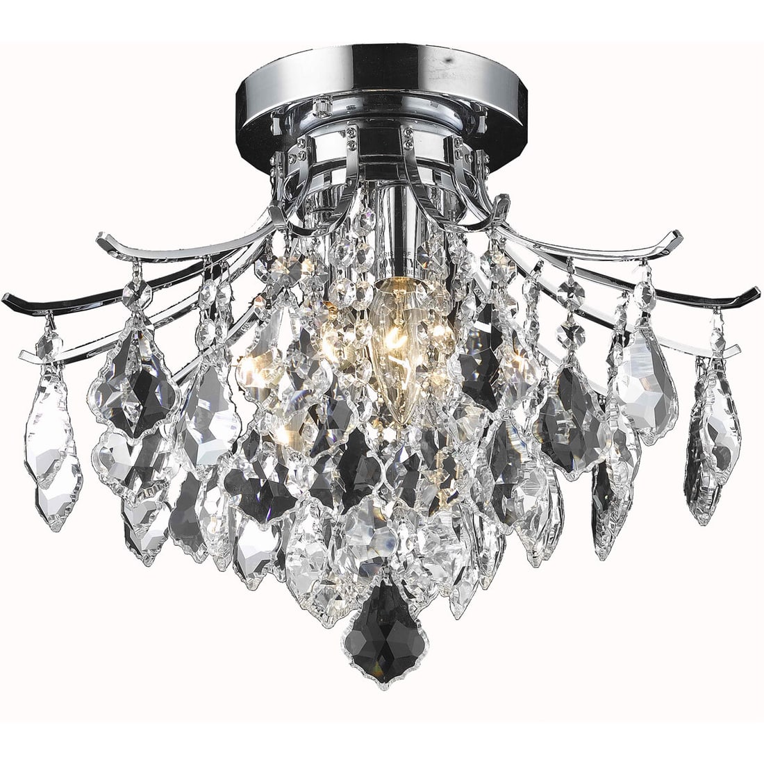 Amelia 3 Light Crystal Flush Mount 16 Inch Chrome: Amelia 3 Light Crystal Flush Mount 16 Inch Chrome This modern empire-style semi flush mount chandelier features a chrome-plated finish and is adorned with high-quality French pendant Royal Cut crystal