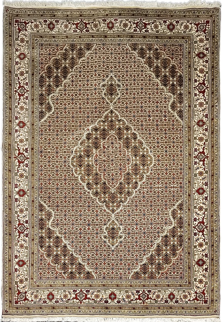 5.8 x 7.11 Tabriz Mahi Handwoven Wool Silk Rug in Sandy Beige: 5.8 x 7.11 Tabriz Mahi Handwoven Wool Silk Rug in Sandy Beige Free continental US Shipping Elevate your living space with this exquisite 5.8 x 7.11 Tabriz Mahi Wool & Silk Traditional Rug, a perfect b