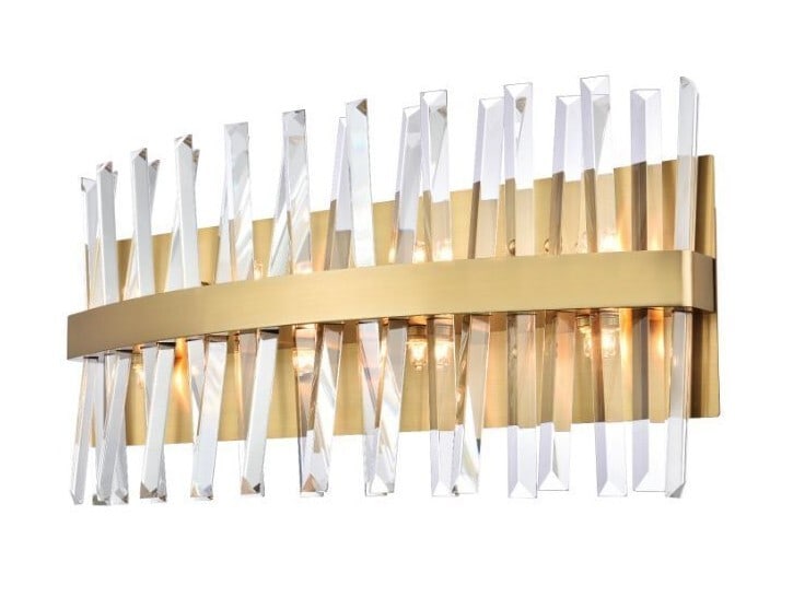 Satin Gold Crystal Vanity Wall Sconce 8 Light 24 Inch Serena: Satin Gold Crystal Vanity Wall Sconce 8 Light 24 Inch Serena This modern wall sconce features a satin gold finish and clear crystal accents, offering a sophisticated touch for any indoor space. Design