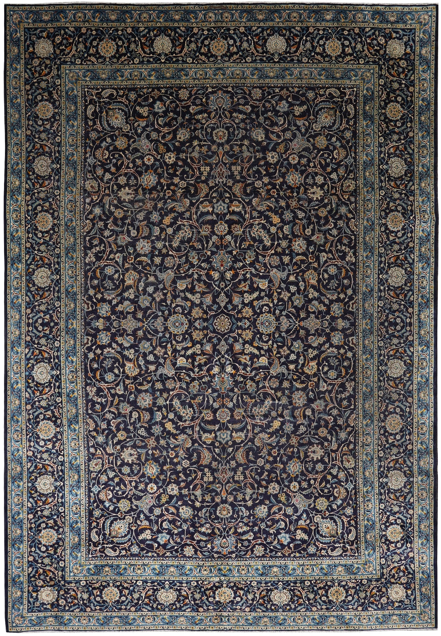 10.8 x 15.4 Navy Blue Persian Kashan Hand Knotted Wool Rug: 10.8 x 15.4 Navy Blue Persian Kashan Hand Knotted Wool Rug Free continental US Shipping This Navy Blue Persian Kashan Rug features a central medallion, intricate floral motifs, ornate borders, and det