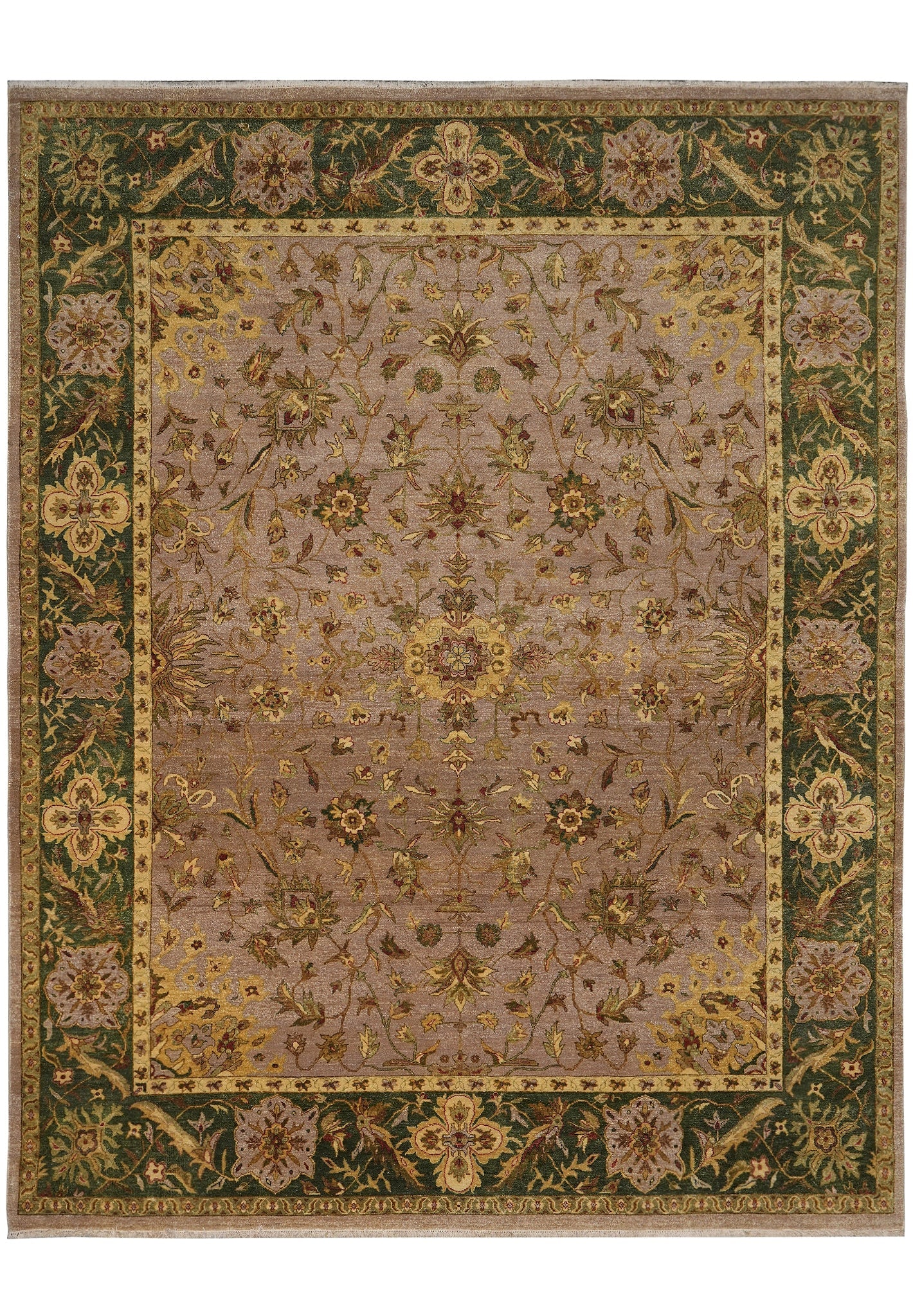 Handmade Agra Rug 9' 1" x 12' 7" Brown Green Wool: Handmade Agra Rug 9' 1" x 12' 7" Brown Green Wool Free continental US Shipping This handmade Agra rug features a rich brown and green color palette and a traditional floral design. It is hand-knotted 