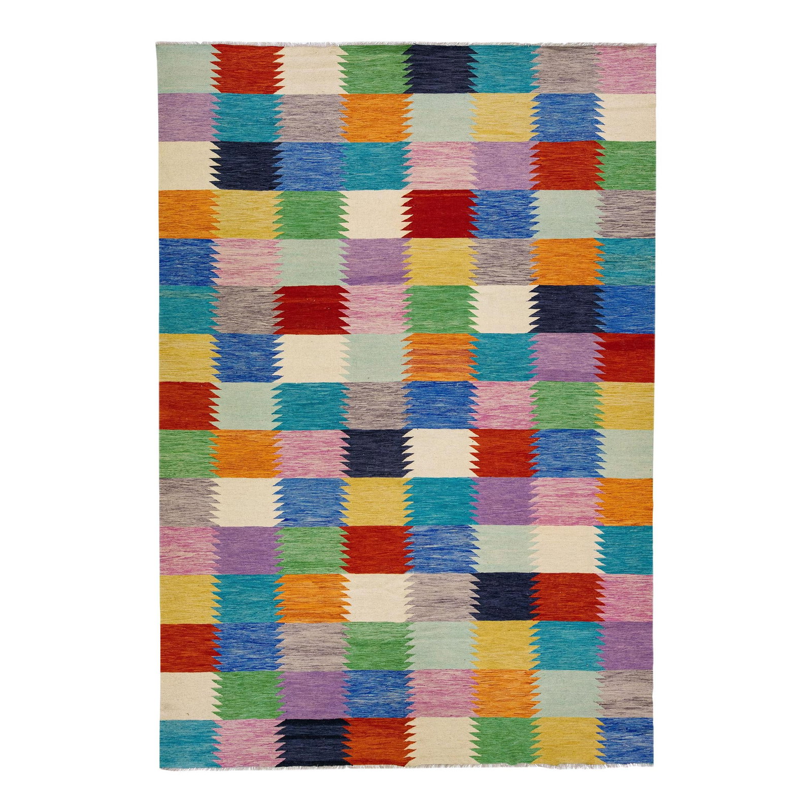 Vibrant Multicolor Geometric Modern Kilim Wool Rug 9'10 x 14'3: Vibrant Multicolor Geometric Modern Kilim Wool Rug 9'10 x 14'3 Enhance your space with this stunning multicolor geometric modern Kilim flatweave wool rug. Featuring a vibrant color field and an intric