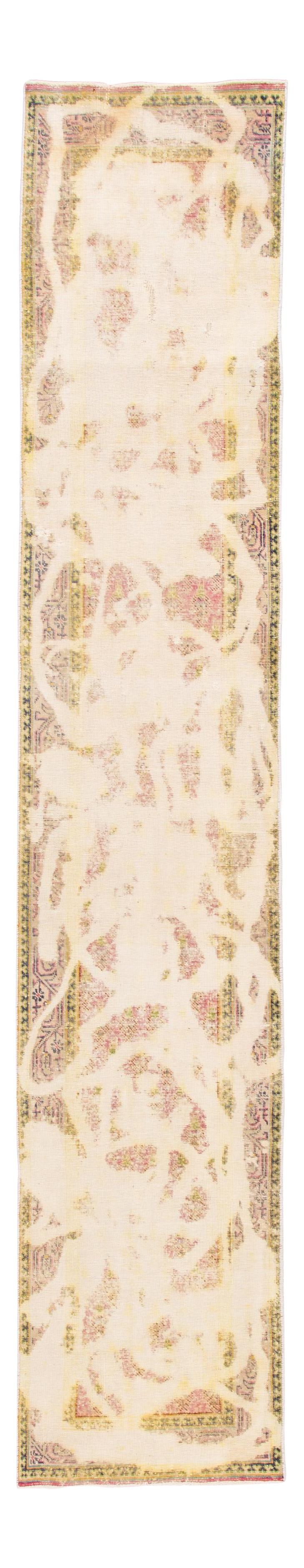 Antique Handmade Wool Runner 2'5 x 13'0 Abstract Ivory Design: Antique Handmade Wool Runner 2'5 x 13'0 Abstract Ivory Design This exquisite early 20th-century antique runner features a stunning, hand-knotted wool construction. The rug showcases a beautiful ivory 