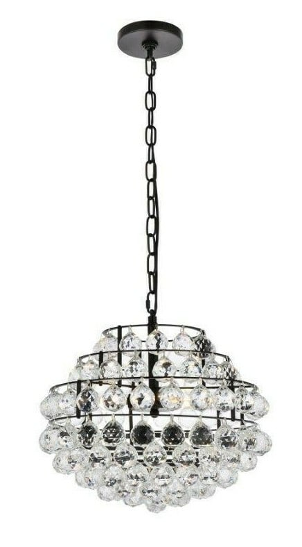 Savannah 3 Light Crystal Pendant Chandelier Black 16 in: Savannah 3 Light Crystal Pendant Chandelier Black 16 in Modern black pendant chandelier with clear royal cut crystal balls and a clear crystal/glass construction accented by iron, metal, and steel. It