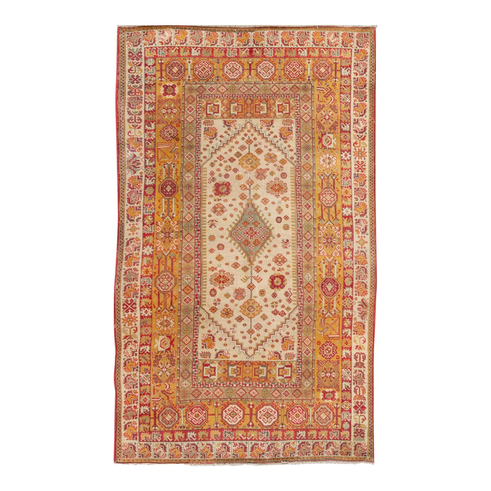 Antique Indian Agra Wool Rug Beige Geometric Design 4'3 x 7': Antique Indian Agra Wool Rug Beige Geometric Design 4'3 x 7' Discover the elegance of this antique Indian Agra hand-knotted wool rug, featuring a warm beige field adorned with vibrant multi-color acce
