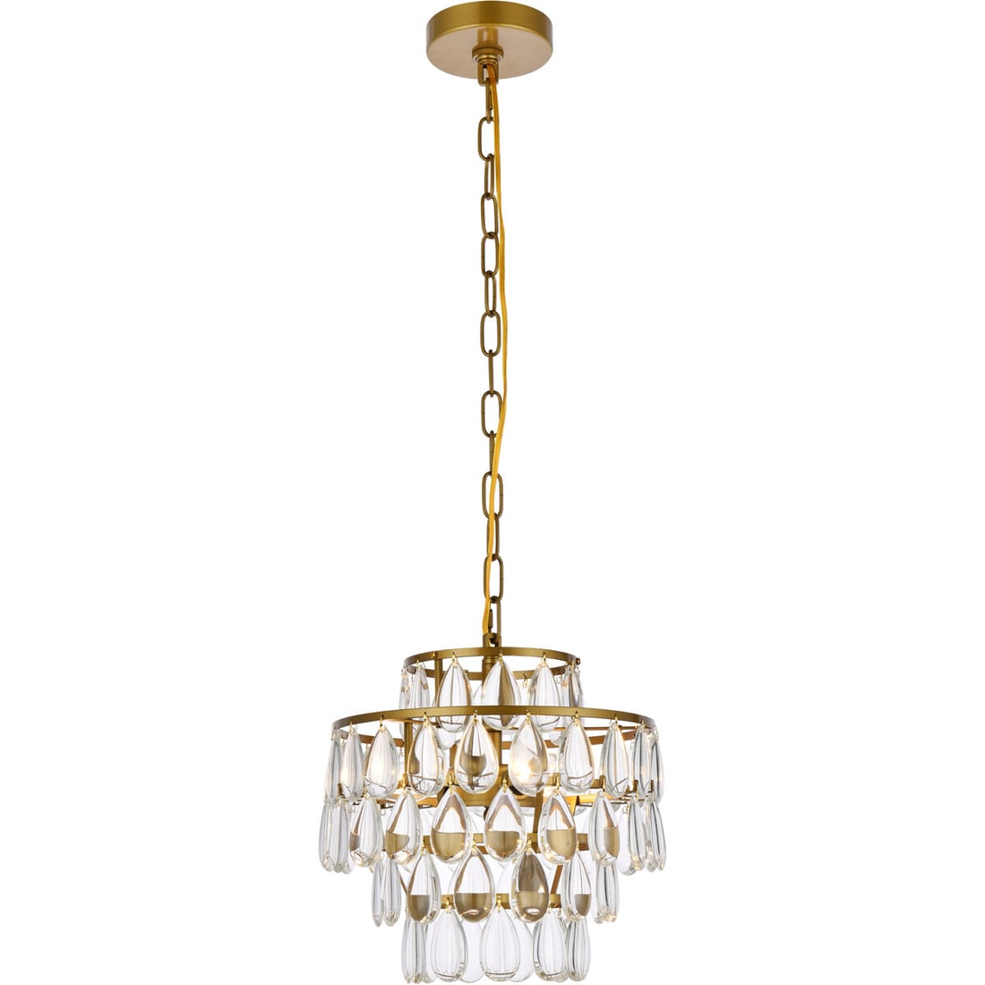 Living District Mila Brass Crystal 3 Light Pendant: Living District Mila Brass Crystal 3 Light Pendant This modern pendant chandelier features three lights and a high-quality brass finish, complemented by royal cut clear crystal and glass elements. Des