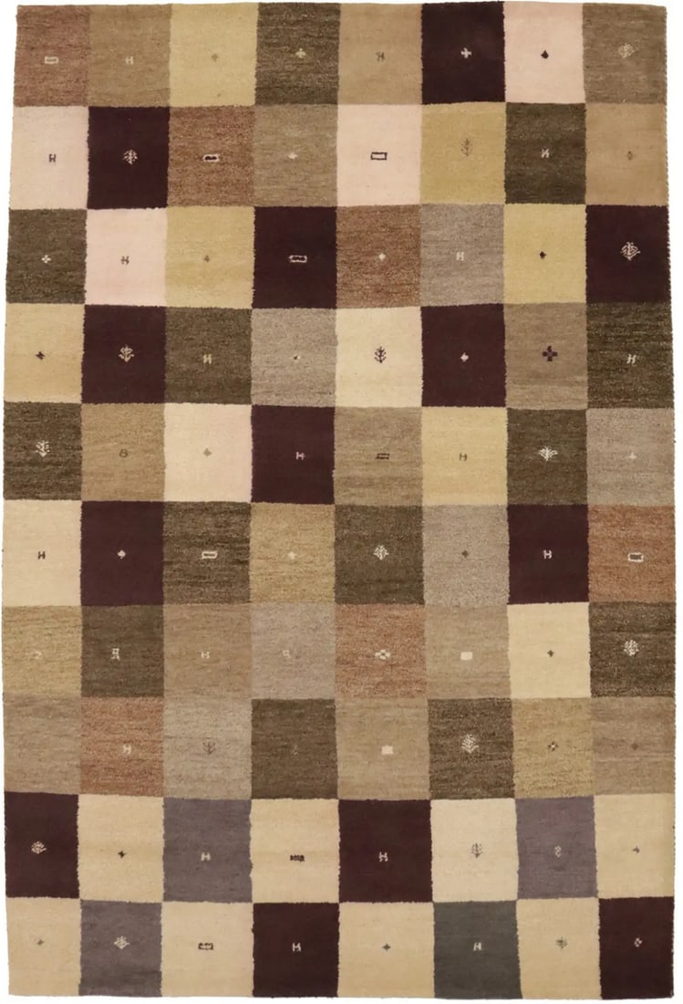 Indo-Gabbeh Tribal Checker Wool Rug 7' x 10' Handmade Multicolored: Indo-Gabbeh Tribal Checker Wool Rug 7' x 10' Handmade Multicolored Enhance your living space with this Indo-Gabbeh Oriental Rug, featuring a vibrant tribal checker design. Measuring 6'7" x 9'10", this