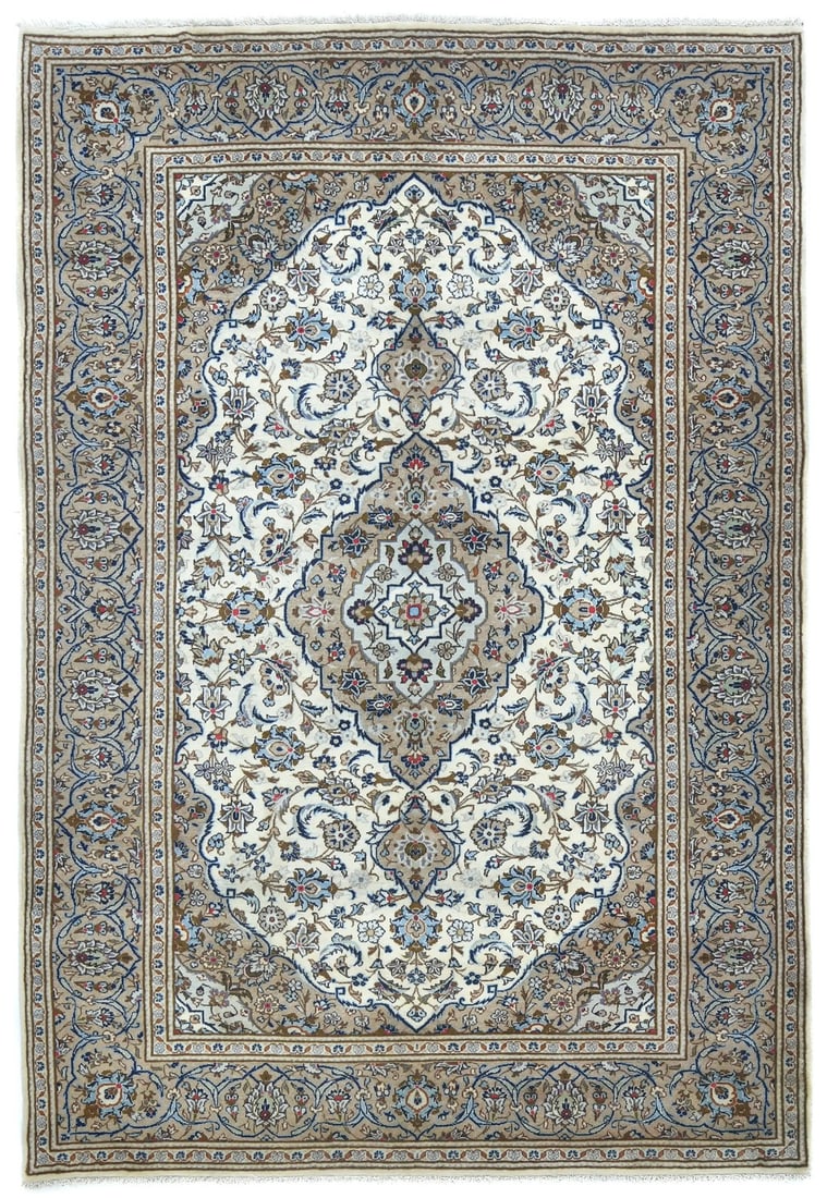 Vintage Hand-Knotted Floral Wool Area Rug 6'4x10'4: Vintage Hand-Knotted Floral Wool Area Rug 6'4x10'4 Enhance your living space with this vintage wool floral area rug, measuring 6'4" x 10'4". Its beautiful cream, beige, brown, purple, navy, light blue