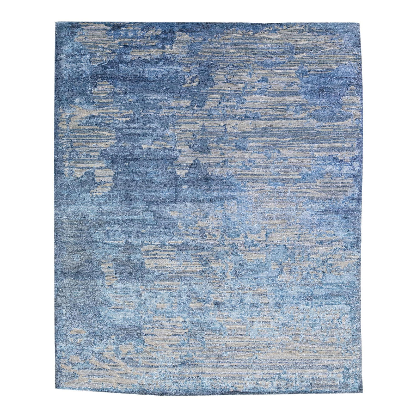 Handmade Modern Abstract Wool Silk Rug 8' x 10' Gray Blue: Handmade Modern Abstract Wool Silk Rug 8' x 10' Gray Blue Elevate your space with this stunning handmade rug, expertly crafted from a luxurious blend of wool and silk. Showcasing a sophisticated gray 
