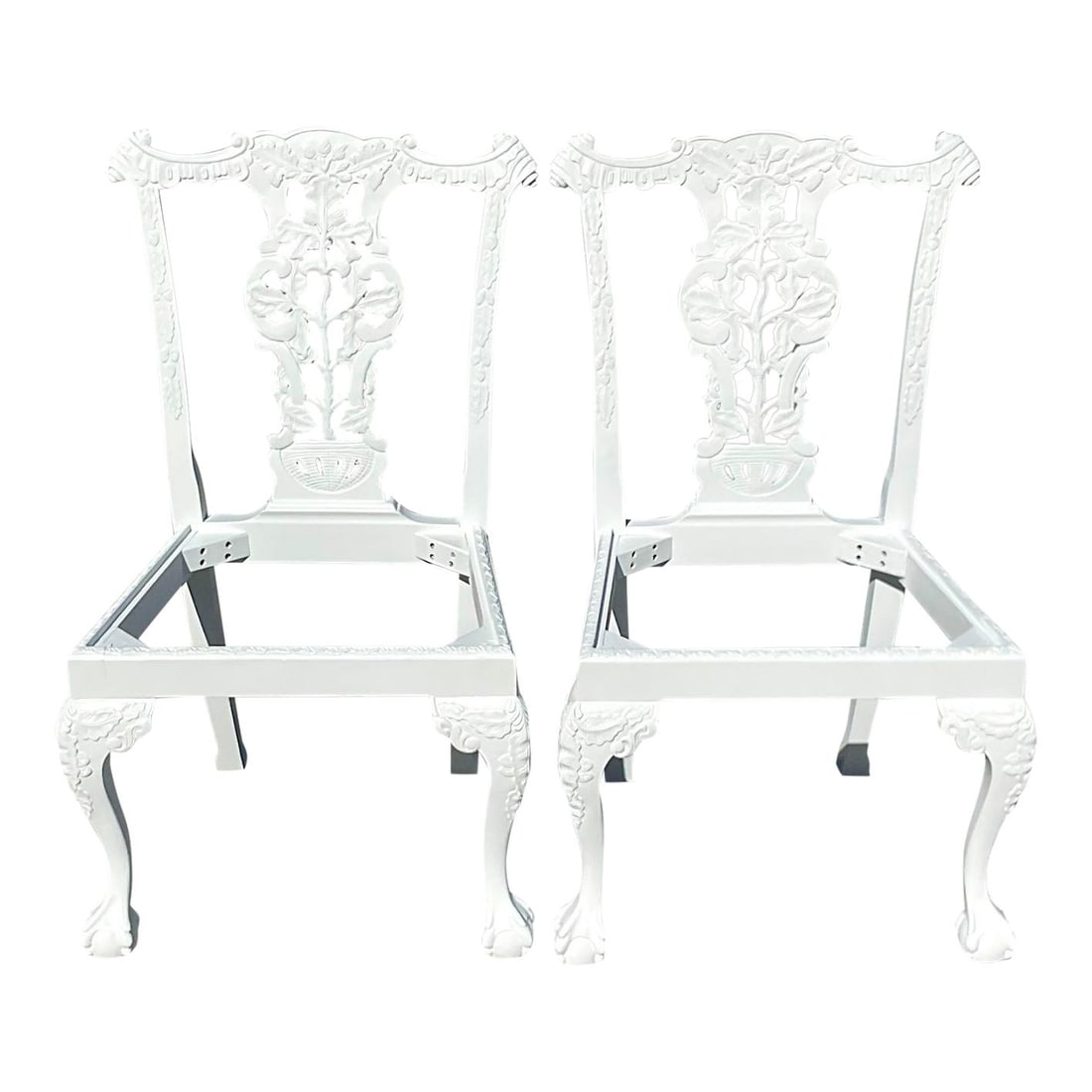 Vintage Regency Chippendale Chairs Pair Ball Claw Foot White: Vintage Regency Chippendale Chairs Pair Ball Claw Foot White This exquisite pair of vintage Regency side Chippendale chairs showcases beautiful hand-carved details, prominently featuring a classic bal
