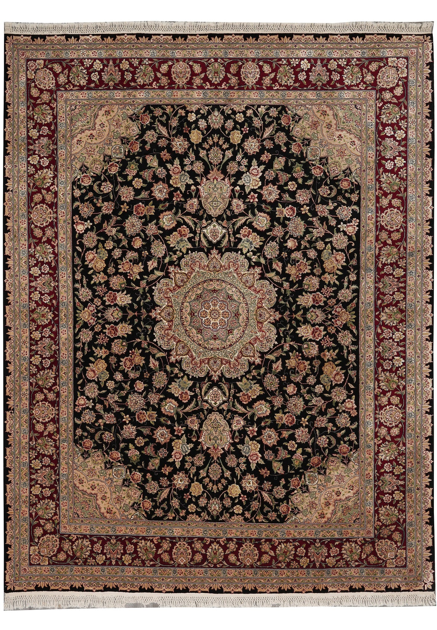 7.8 x 10 Handmade Sino Tabriz Wool Silk Rug Black Burgundy: 7.8 x 10 Handmade Sino Tabriz Wool Silk Rug Black Burgundy Free continental US Shipping This 7.8 x 10 Sino Tabriz rug features a handmade, hand-knotted construction with a premium wool and silk blend.