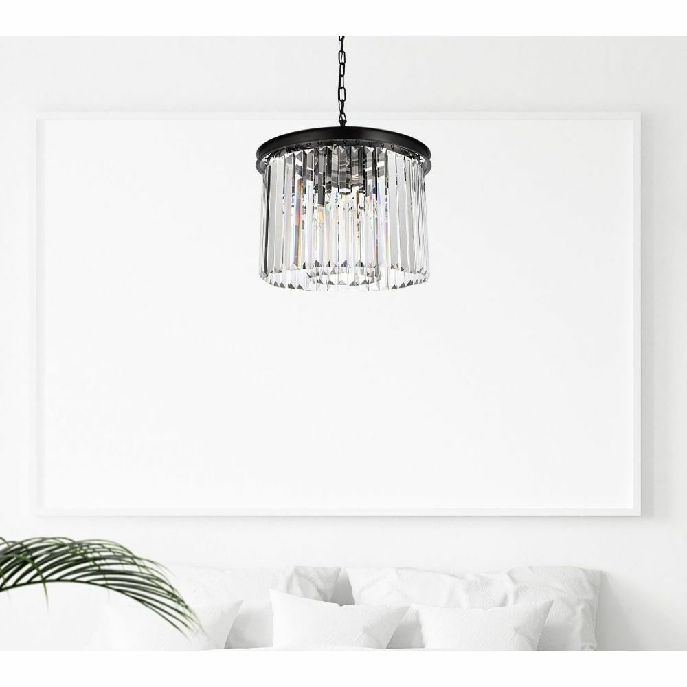 Sydney 6-Light Matte Black Crystal Chandelier 20 Inch: Sydney 6-Light Matte Black Crystal Chandelier 20 Inch This modern chandelier features a matte black frame paired with high-quality clear royal cut crystals, creating a striking centerpiece for any liv