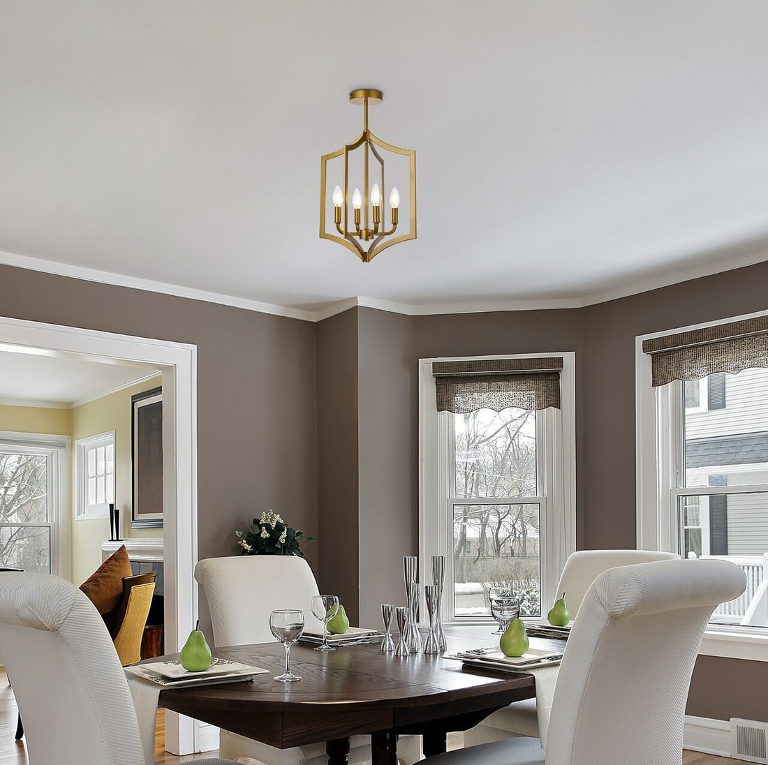 Kiera Brass 4 Light Flush Mount Ceiling Fixture: Kiera Brass 4 Light Flush Mount Ceiling Fixture This modern flush mount ceiling light features a brass finish and a sleek design suitable for living rooms, dining rooms, bedrooms, kitchens, hallways, 