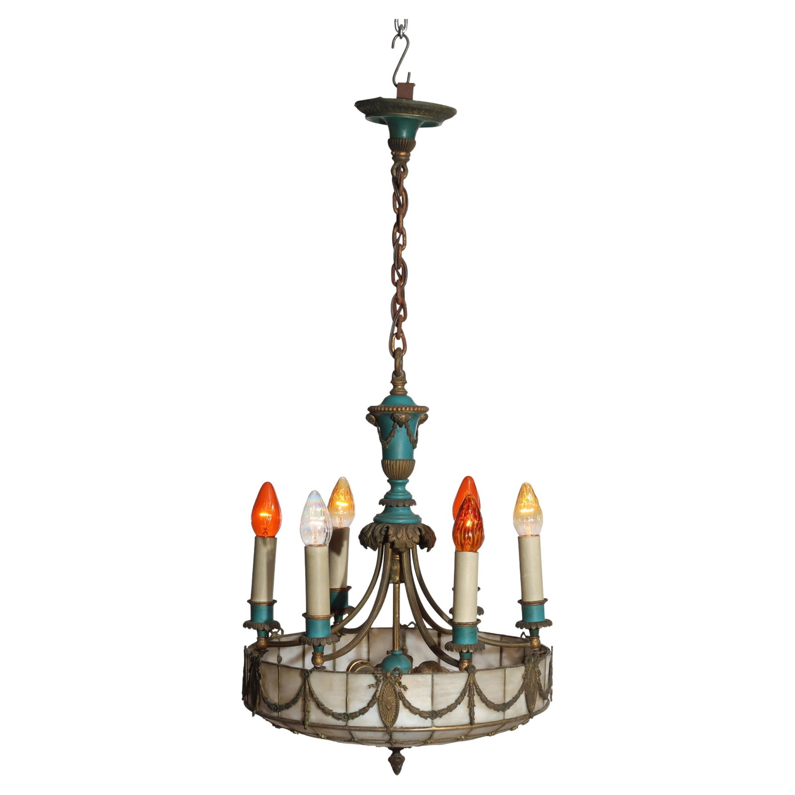 Early 20th Century Leaded Glass Eight-Light Arts and Crafts Chandelier: Early 20th Century Leaded Glass Eight-Light Arts and Crafts Chandelier This antique chandelier, dating to circa 1920, blends Classical and Arts & Crafts design elements. It features a distinctive lead