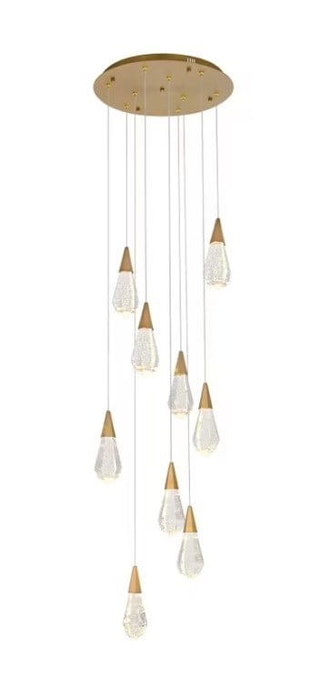 Amora 9-Light Crystal Pendant Chandelier Satin Gold: Amora 9-Light Crystal Pendant Chandelier Satin Gold This modern pendant chandelier features nine lights with diamond-faceted clear crystal shades and a satin gold finish. Designed for versatility, it 