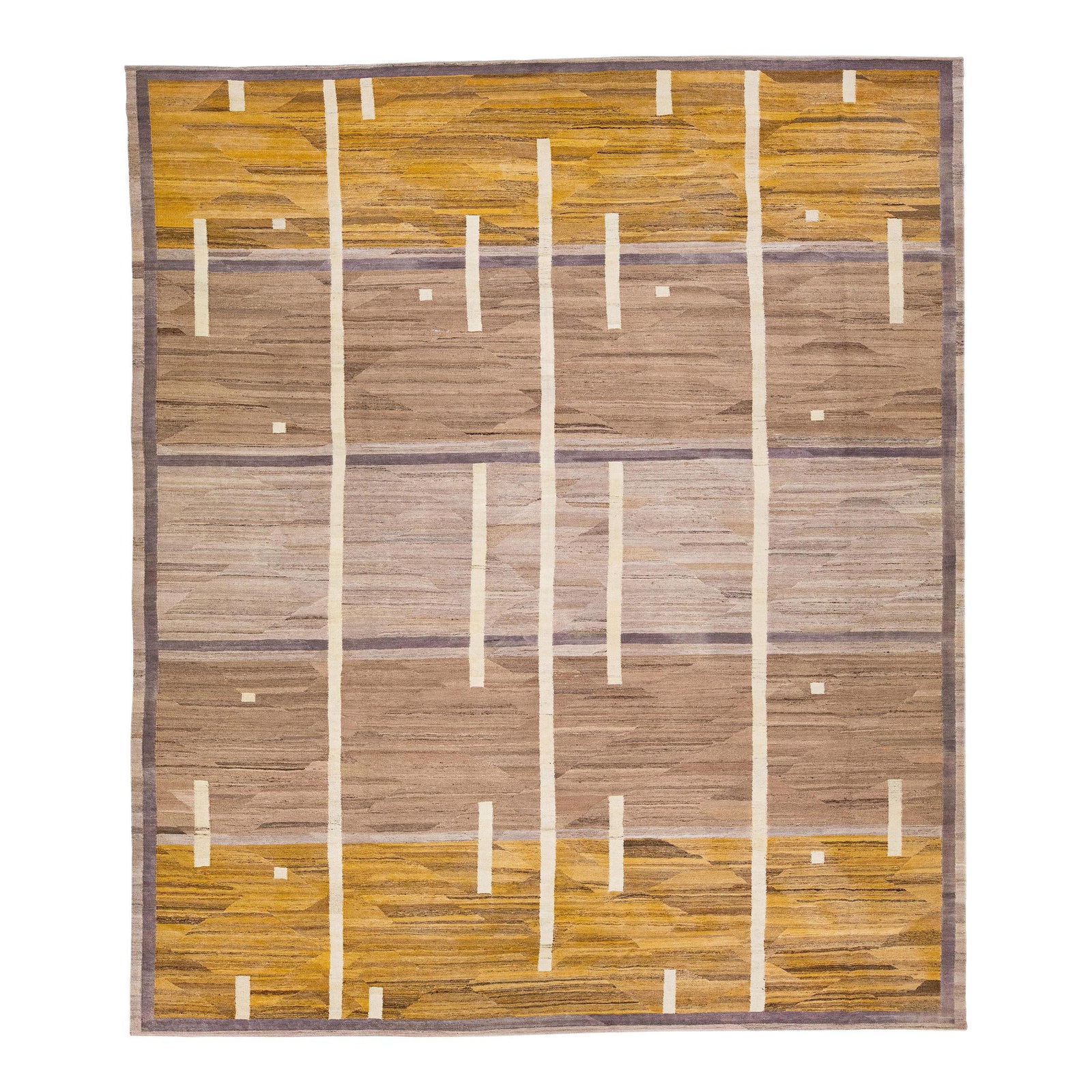 Modern Oversize Kilim Wool Rug Brown Yellow Deco 12'7 x 14'9: Modern Oversize Kilim Wool Rug Brown Yellow Deco 12'7 x 14'9 Elevate your living space with this stunning 2020s Modern Oversize Kilim Wool Rug, featuring a captivating brown field adorned with strikin