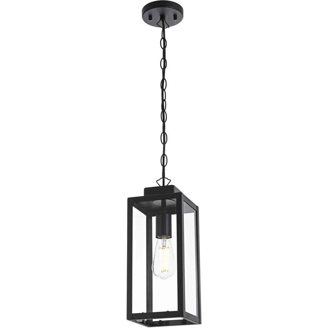 Outdoor pendant lantern black iron glass 15 in Hilton: Outdoor pendant lantern black iron glass 15 in Hilton Traditional outdoor pendant light fixture with a black finish, made of iron and glass with clear glass. It is hardwired electric, wet rated, water