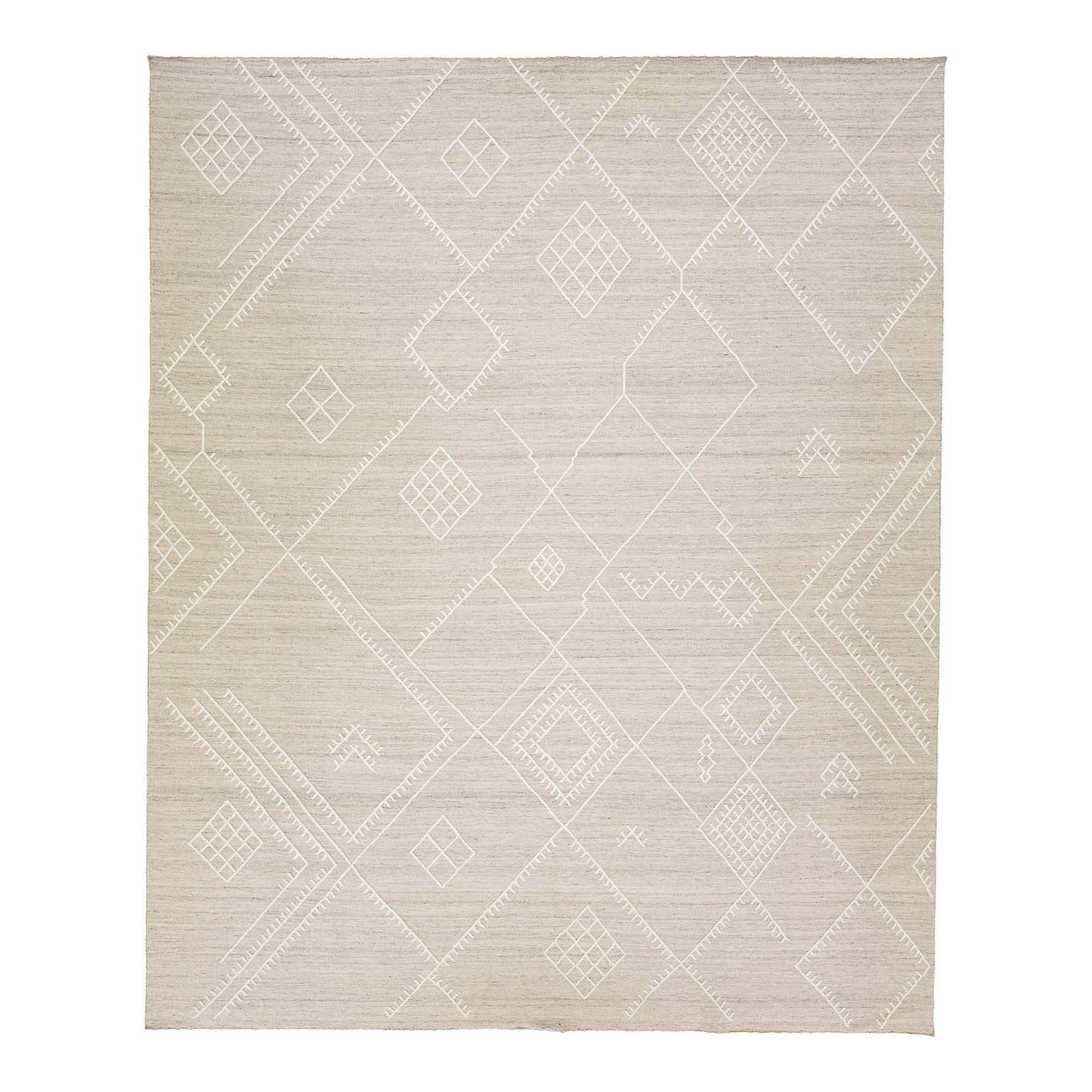Beige Nantucket Wool Kilim Coastal Design Rug 12'1 x 14'10: Beige Nantucket Wool Kilim Coastal Design Rug 12'1 x 14'10 Enhance your space with this exquisite handmade kilim wool rug from the Nantucket collection. Featuring a beautiful beige field with ivory ac