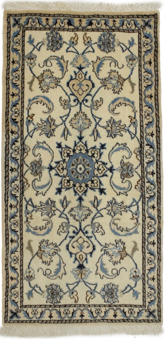 Handmade Nain Oriental Rug 4'6 x 2'3 Floral Cream Wool: Handmade Nain Oriental Rug 4'6 x 2'3 Floral Cream Wool Enhance your space with this exquisite Handmade Nain Oriental Rug, featuring a charming cream floral design that embodies classic elegance. Craft