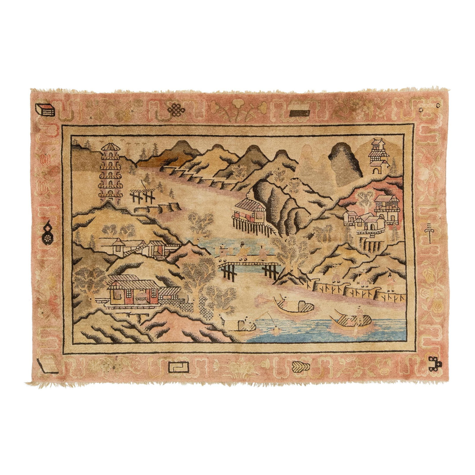 Antique Chinese Art Deco Handmade Wool Rug Beige Pictorial Design 5'6 x 7'11: Antique Chinese Art Deco Handmade Wool Rug Beige Pictorial Design 5'6 x 7'11 Discover the elegance of this antique Art Deco hand-knotted wool rug, featuring a harmonious beige color field. The rug sho