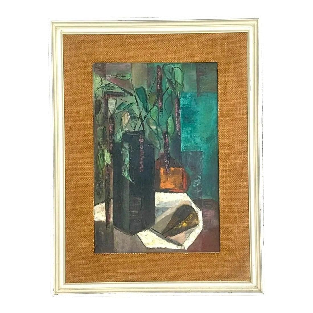 Vintage Boho Abstract Expressionist Still Life Oil Painting 19.25 x 25 in: Vintage Boho Abstract Expressionist Still Life Oil Painting 19.25 x 25 in This mid 20th century vintage oil painting on board showcases the essence of Boho style fused with the bold energy of Abstract