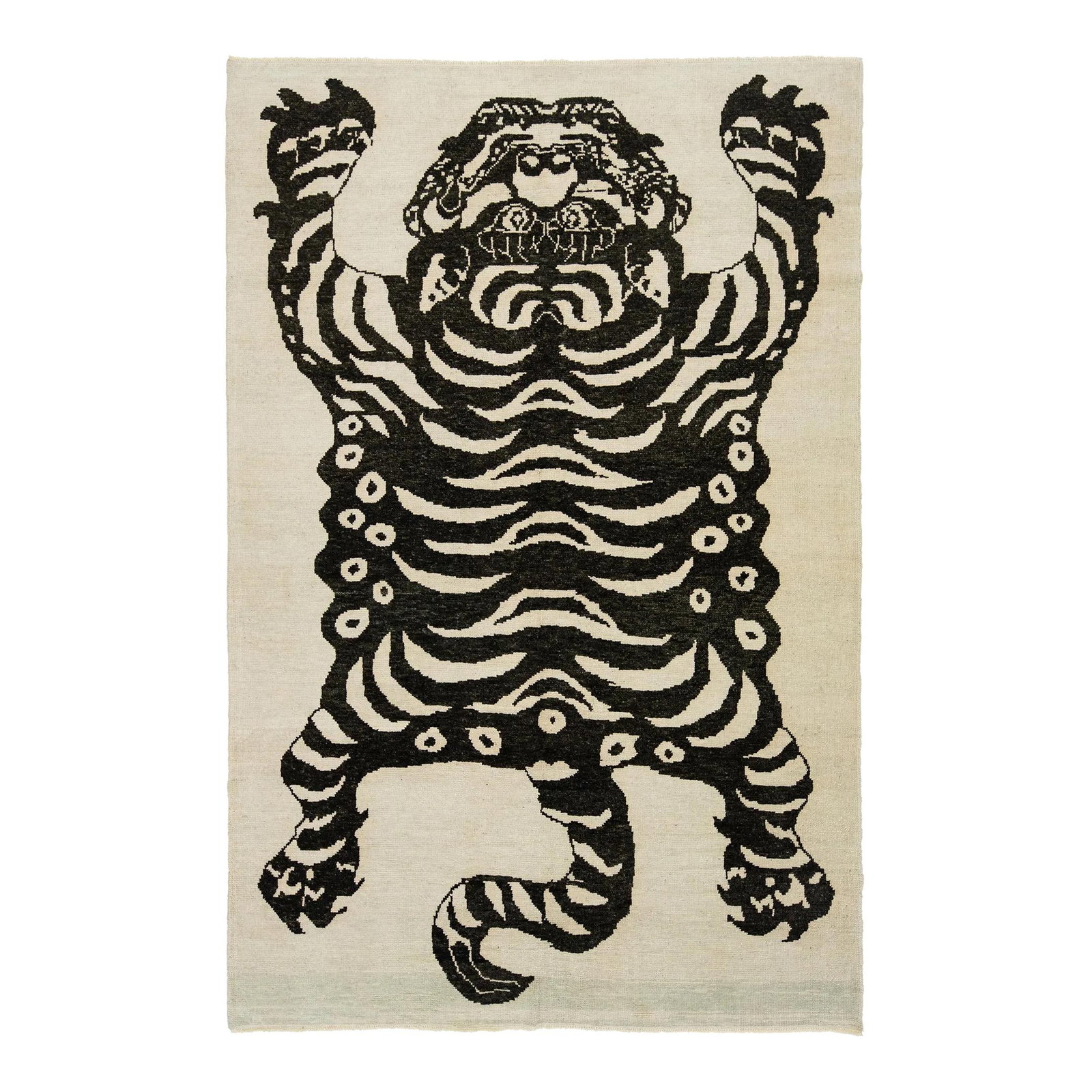 Beige and Black Handmade Wool Tiger Rug 7 x 11 Contemporary Design: Beige and Black Handmade Wool Tiger Rug 7 x 11 Contemporary Design This stunning Turkish Art Deco wool rug features a dramatic beige background accented with bold black details, showcasing an impressi