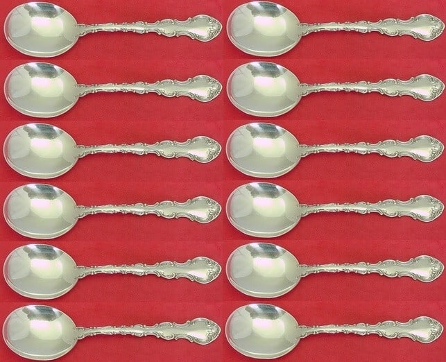 Gorham Strasbourg Sterling Silver Cream Soup Spoons Set of 12 6 1/4": Gorham Strasbourg Sterling Silver Cream Soup Spoons Set of 12 6 1/4" This exquisite set of 12 cream soup spoons features the elegant Strasbourg pattern by Gorham, crafted from high-quality sterling si