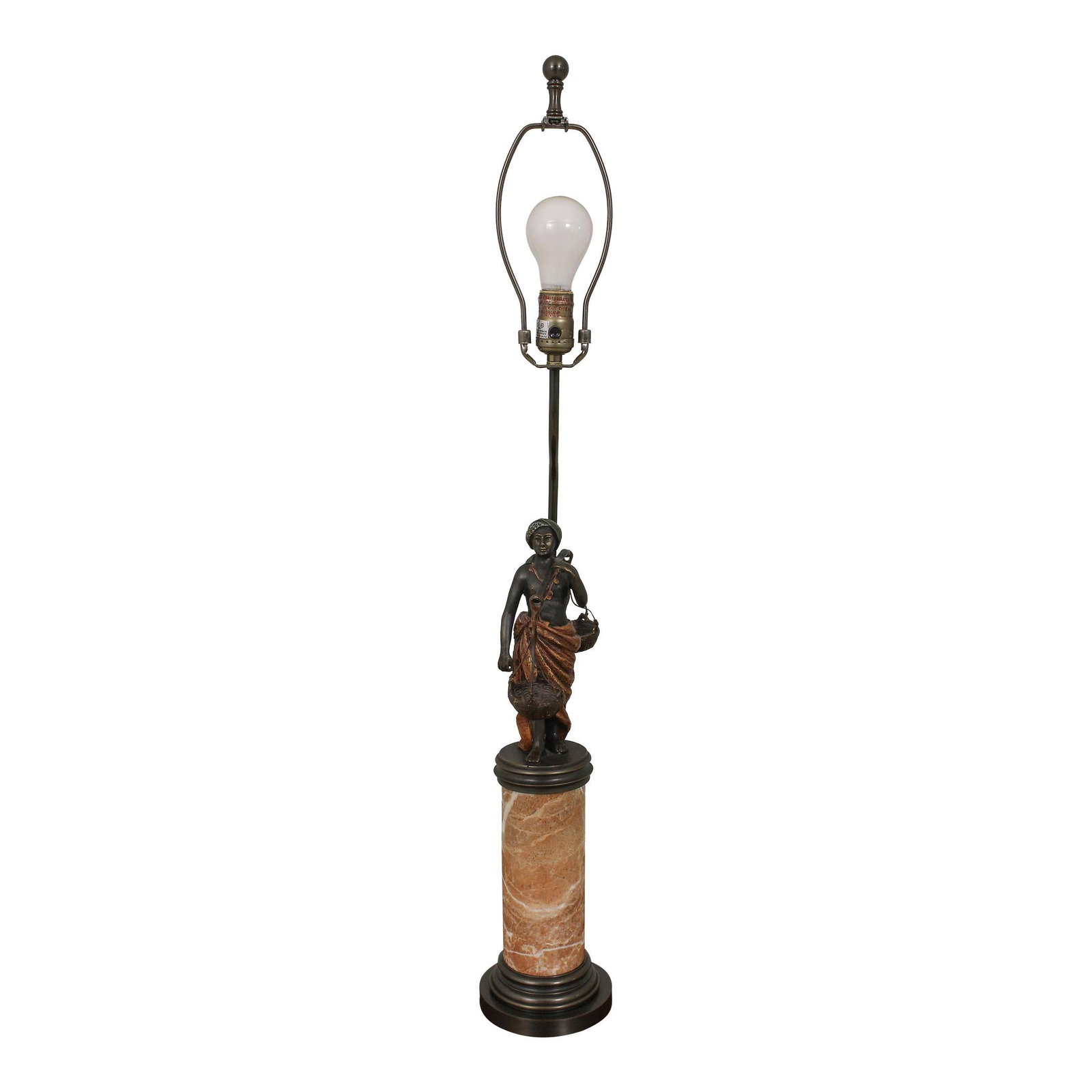 Elegant Bronze Figural Lamp Woman with Baskets on Marble Base: Elegant Bronze Figural Lamp Woman with Baskets on Marble Base Illuminate your space with this exquisite Bronze Figural Lamp featuring a graceful woman figure carrying two baskets, set on a sturdy marb