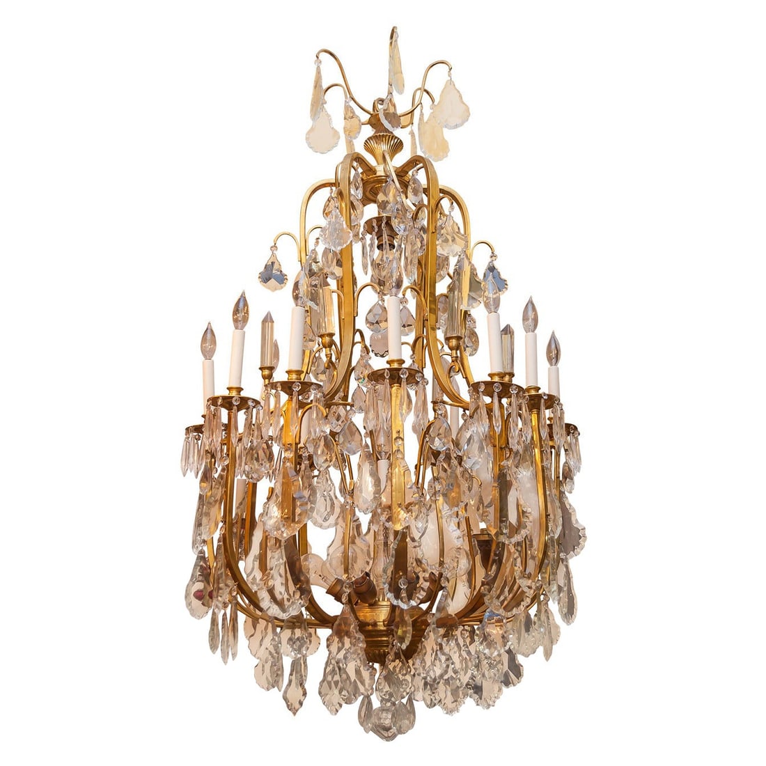 French Louis XV Style 12-Light Crystal Bronze Chandelier 32 x 60: French Louis XV Style 12-Light Crystal Bronze Chandelier 32 x 60 Large Louis XV style gilt bronze and crystal 12-arm chandelier from France, dating to the 1940s. This very large, impressive chandelier