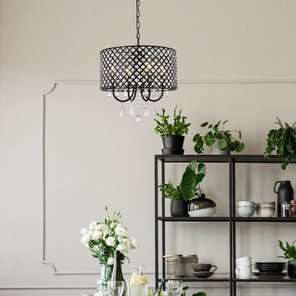 Living District Elise Crystal Pendant 4 Light Black 17 inch: Living District Elise Crystal Pendant 4 Light Black 17 inch This modern black chandelier features four lights and elegant royal cut clear crystals, making it a striking addition to dining rooms, kitch