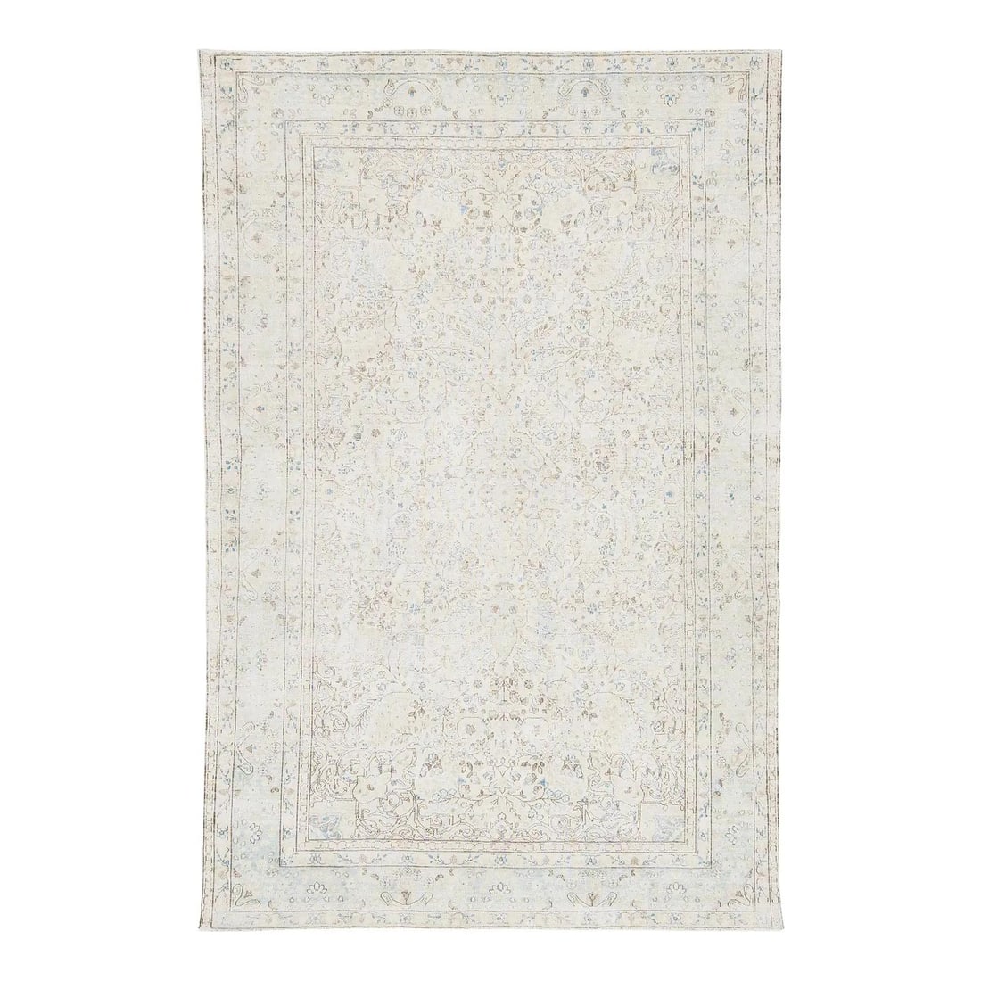 Antique Persian Kerman wool rug 5'8 x 8'6 floral medallion ivory: Antique Persian Kerman wool rug 5'8 x 8'6 floral medallion ivory This authentic antique Persian Kerman rug is hand-knotted from wool and features a delicate floral medallion design surrounded by intri
