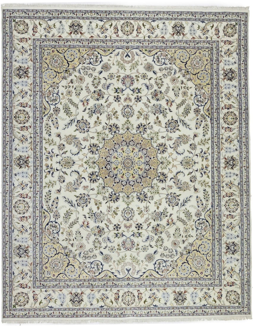 8'1 x 10'1 Hand-Knotted Indo-Nain Wool and Silk Floral Area Rug: 8'1 x 10'1 Hand-Knotted Indo-Nain Wool and Silk Floral Area Rug This handmade Indo-Nain area rug features a large floral medallion design with modern and traditional elements. Crafted from a blend of 
