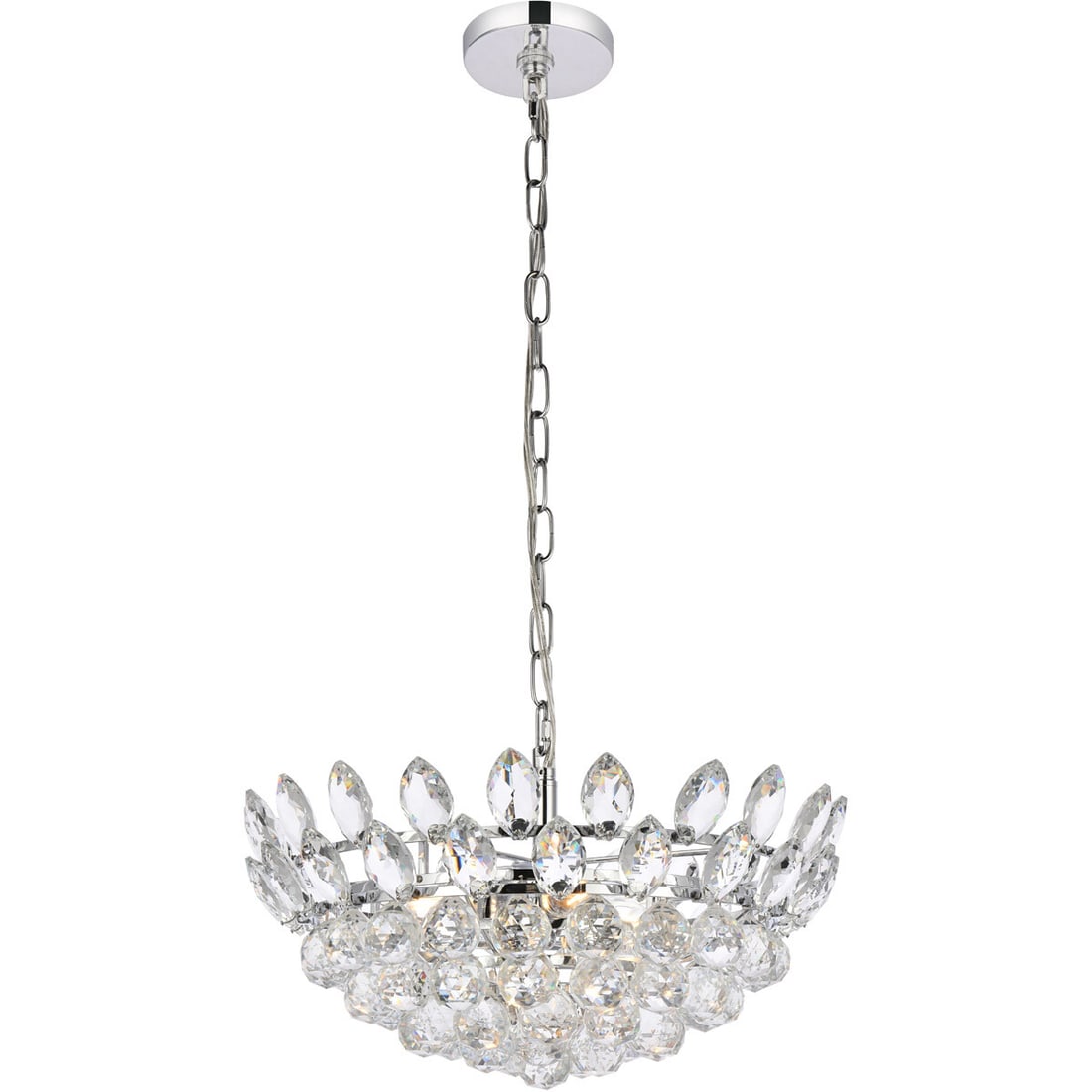 Emilia 5-Light Chrome Crystal Pendant Chandelier 18 Inch: Emilia 5-Light Chrome Crystal Pendant Chandelier 18 Inch This modern crystal chandelier pendant features a high-quality chrome and clear finish, designed to enhance the elegance of any foyer, dining r