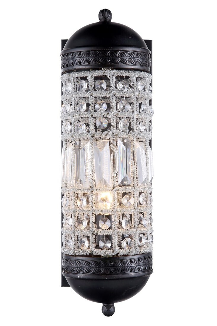 Olivia Dark Bronze Crystal 1 Light Wall Sconce: Olivia Dark Bronze Crystal 1 Light Wall Sconce Modern wall sconce in dark bronze with clear crystal details. It is a 1-light indoor fixture designed for hardwired installation and wall switch control.